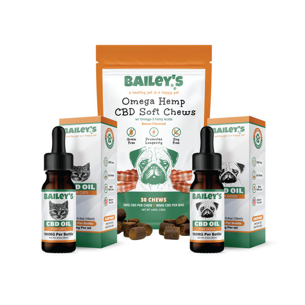 Baileys CBD Oil For Cats 100mg & Omega Hemp CBD Soft Chews 30 Count & CBD Oil For Dogs 150mg
