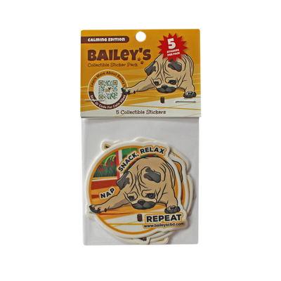 Front view of Baileys CBD sticker pack, showcasing five unique dog-themed stickers designed for pet lovers and CBD enthusiasts.