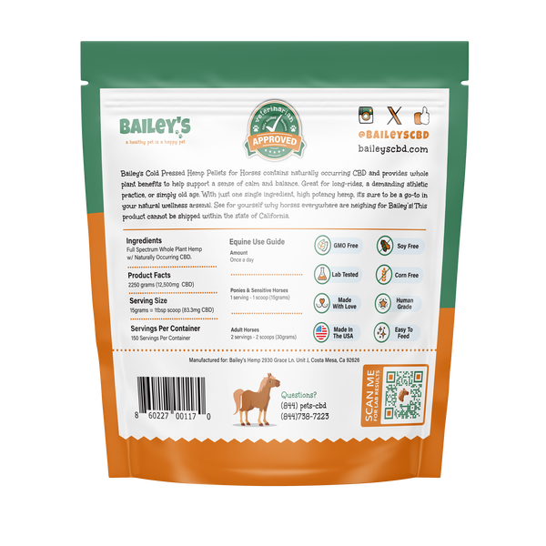 Bailey's CBD Pellets For Horses - Back of 5 Pound Bag [turn on images to view]