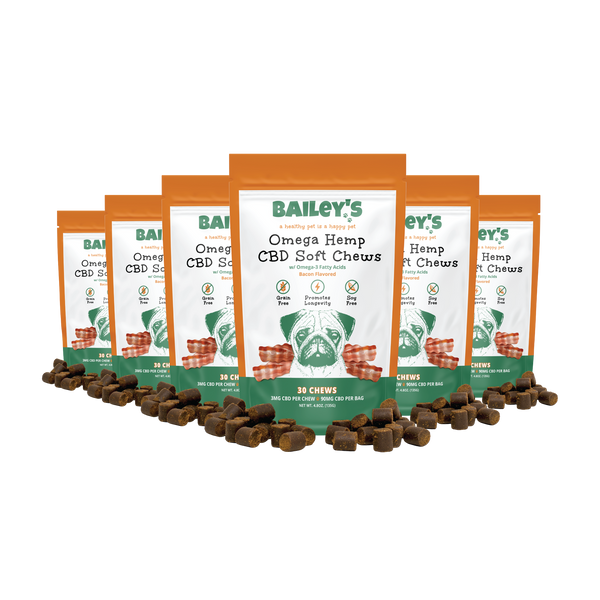 Baileys Omega Hemp CBD Soft Chews 30 Count Front 6 Bags