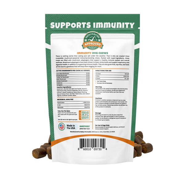 Bailey's Immunity Dog Chews Back View - Detailed Ingredients and Usage Information for Pet Immune System Support. 