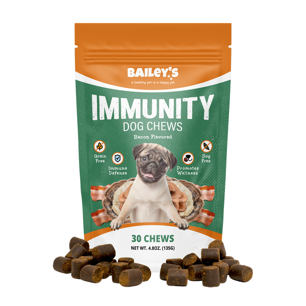 Bailey's Bacon Flavored Immunity Dog Chews Front View - Enhanced Pet Immunity with Mushrooms and Colostrum.
