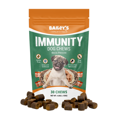 Bailey's Bacon Flavored Immunity Dog Chews Front View - Enhanced Pet Immunity with Mushrooms and Colostrum.