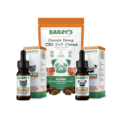 Baileys CBD Oil For Cats 100mg & Omega Hemp CBD Soft Chews 30 Count & CBD Oil For Dogs 150mg