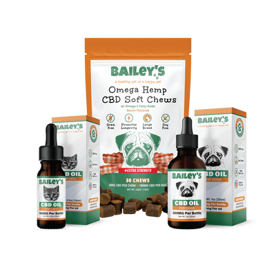 Baileys CBD Oil For Cats 100mg & Omega Hemp CBD Soft Chews Extra Strength 30 Count & CBD Oil For Dogs 300mg