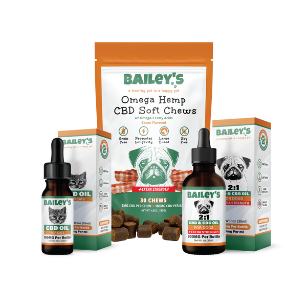 Baileys CBD Oil For Cats 100mg & Omega Hemp CBD Soft Chews Extra Strength30 Count & CBD & CBG Oil For Dogs Extra Strength 900mg