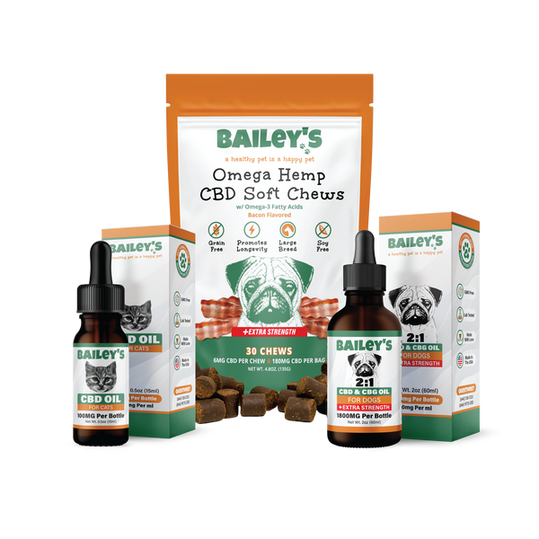 Baileys CBD Oil For Cats 100mg & Omega Hemp CBD Soft Chews Extra Strength30 Count & CBD & CBG Oil For Dogs Extra Strength 1800mg