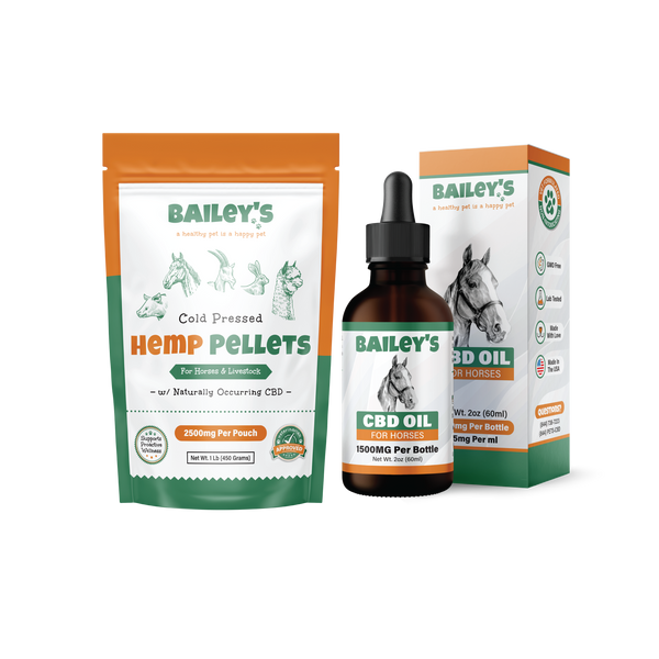 Baileys CBD Oil For Horses 1500mg & Cold Pressed Hemp Pellets For Horses & Livestock 2500mg 1lb