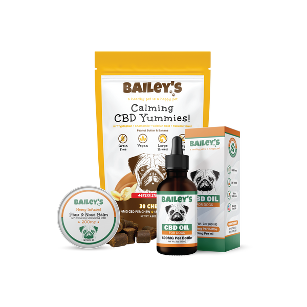 Baileys CBD Oil For Dogs 600mg & Calming CBD Yummies Extra Strength 30 Count & Paw & Nose Balm 200mg