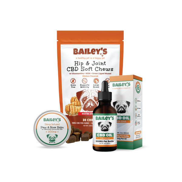 Baileys CBD Oil For Dogs 600mg & Hip & Joint CBD Soft Chews Extra Strength 30 Count & Paw & Nose Balm 200mg