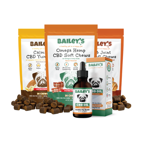 Baileys CBD Oil For Dogs 600mg & Omega Hemp CBD Soft Chews Extra Strength 30 Count & Calming CBD Yummies Extra Strength 30 Count & Hip & Joint CBD Soft Chews Extra Strength 30 Count