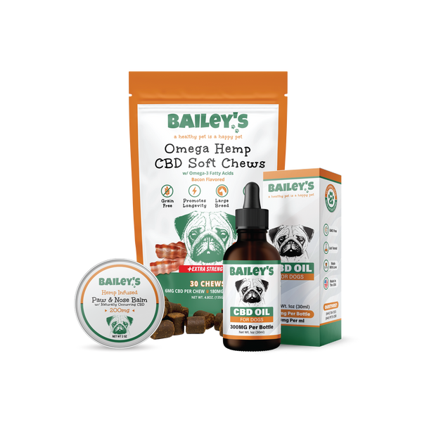 Baileys CBD Oil For Dogs 300mg & Omega Hemp CBD Soft Chews 30 Count & Paw & Nose Balm 200mg