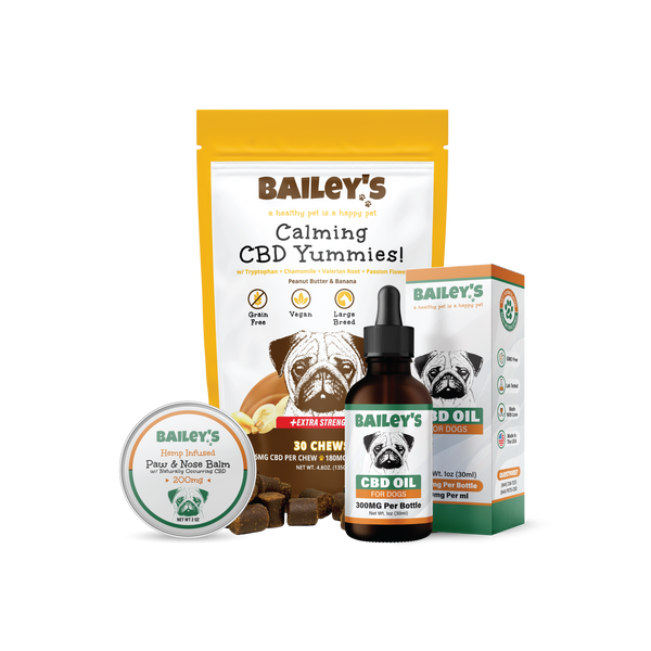 Baileys CBD Oil For Dogs 300mg & Calming CBD Yummies 30 Count & Paw & Nose Balm 200mg