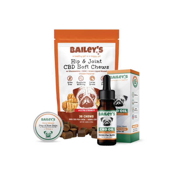 Baileys CBD Oil For Dogs 300mg & Hip & Joint CBD Soft Chews 30 Count & Paw & Nose Balm 200mg