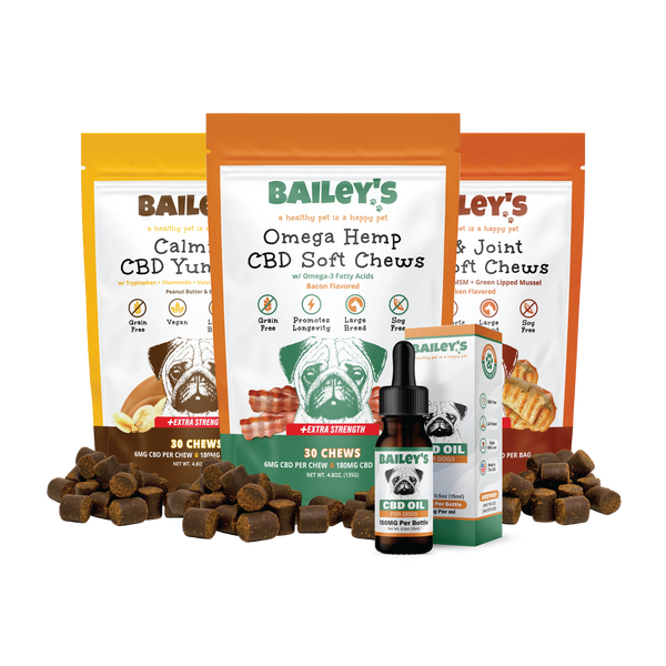 Baileys CBD Oil For Dogs 150mg & Omega Hemp CBD Soft Chews Extra Strength 30 Count & Calming CBD Yummies Extra Strength 30 Count & Hip & Joint CBD Soft Chews Extra Strength 30 Count