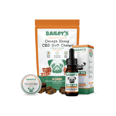 Baileys CBD Oil For Dogs 150mg & Omega Hemp CBD Soft Chews 30 Count & Paw & Nose Balm 50mg