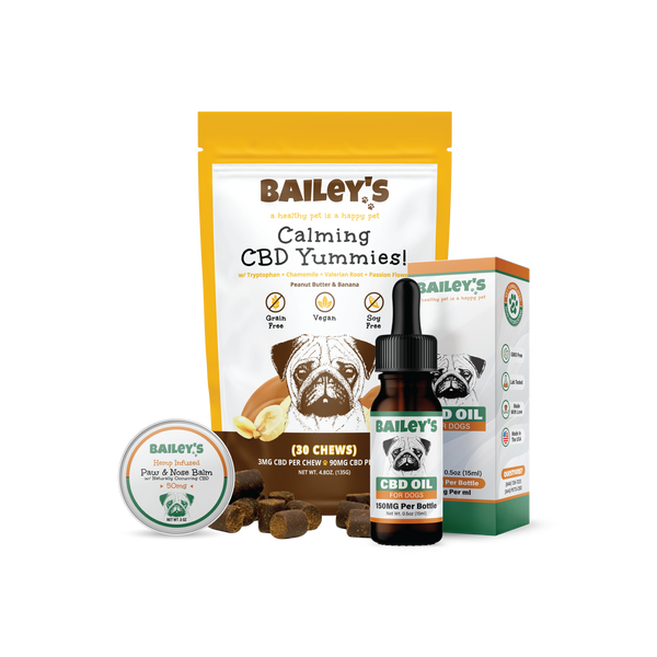Baileys CBD Oil For Dogs 150mg & Calming CBD Yummies 30 Count & Paw & Nose Balm 50mg