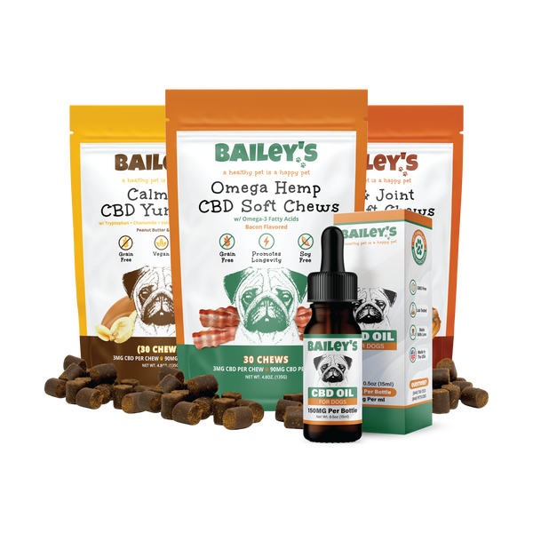 Baileys CBD Oil For Dogs 150mg & Omega Hemp CBD Soft Chews 30 Count & Calming CBD Yummies 30 Count & Hip & Joint CBD Soft Chews 30 Count