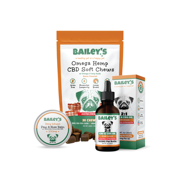Baileys CBD & CBG Oil For Dogs 900mg & Omega Hemp CBD Soft Chews Extra Strength 30 Count & Paw & Nose Balm 200mg