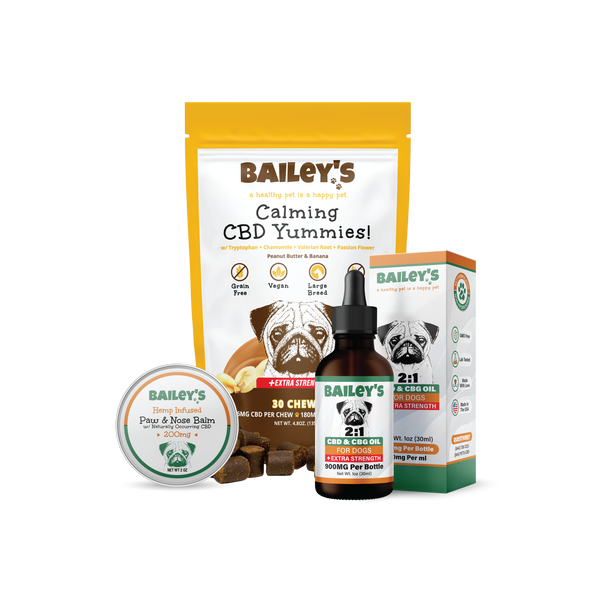 Baileys CBD & CBG Oil For Dogs 900mg & Calming CBD Yummies Soft Chews Extra Strength 30 Count & Paw & Nose Balm 200mg