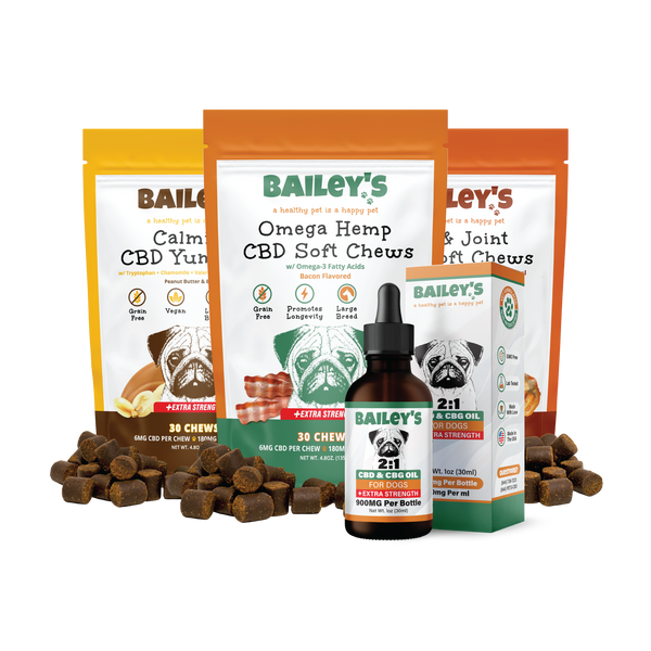 Baileys CBD & CBG Oil For Dogs 900mg & Omega Hemp CBD Soft Chews Extra Strength 30 Count & Calming CBD Yummies Extra Strength 30 Count & Hip & Joint CBD Soft Chews Extra Strength 30 Count