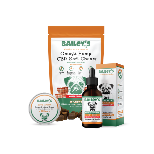 Baileys CBD & CBG Oil For Dogs 1800mg & Omega Hemp CBD Soft Chews Extra Strength 30 Count & Paw & Nose Balm 200mg