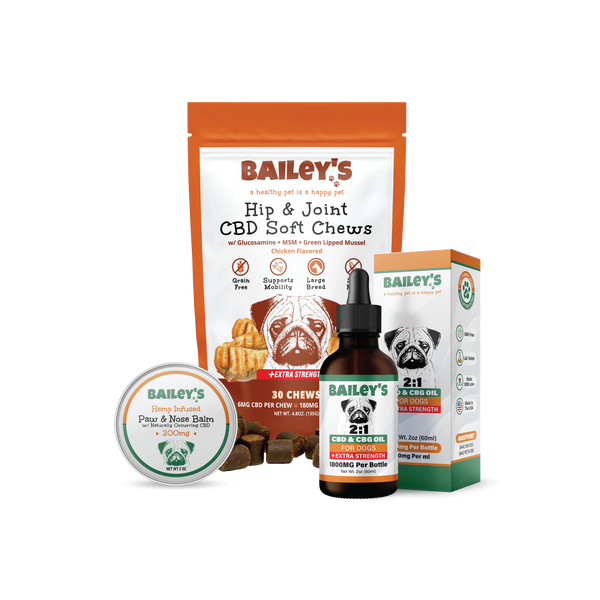 Baileys CBD & CBG Oil For Dogs 1800mg & Hip & Joint CBD Soft Chews Extra Strength 30 Count & Paw & Nose Balm 200mg