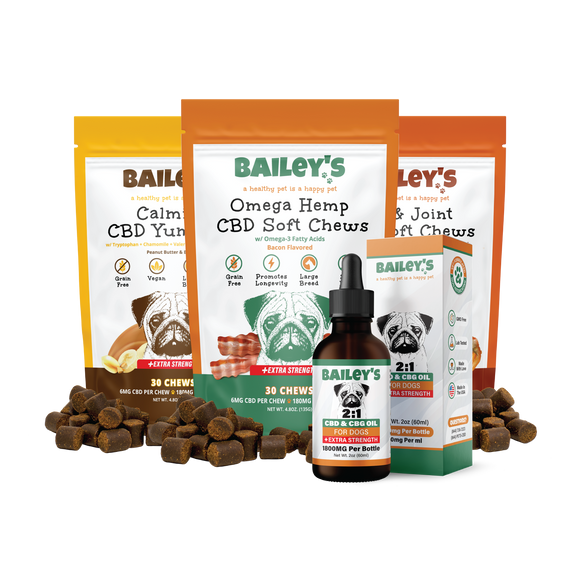 Baileys CBD & CBG Oil For Dogs 1800mg & Omega Hemp CBD Soft Chews Extra Strength 30 Count & Calming CBD Yummies Extra Strength 30 Count & Hip & Joint CBD Soft Chews Extra Strength 30 Count