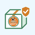 Bailey's shipping protection: package with pug logo and orange checkmark shield for lost, damaged, or stolen orders