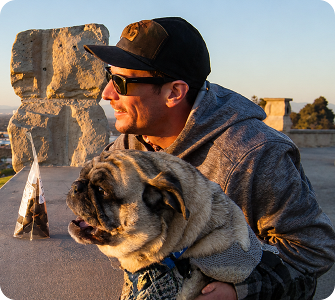 Bailey the pug with Jay O'Keefe