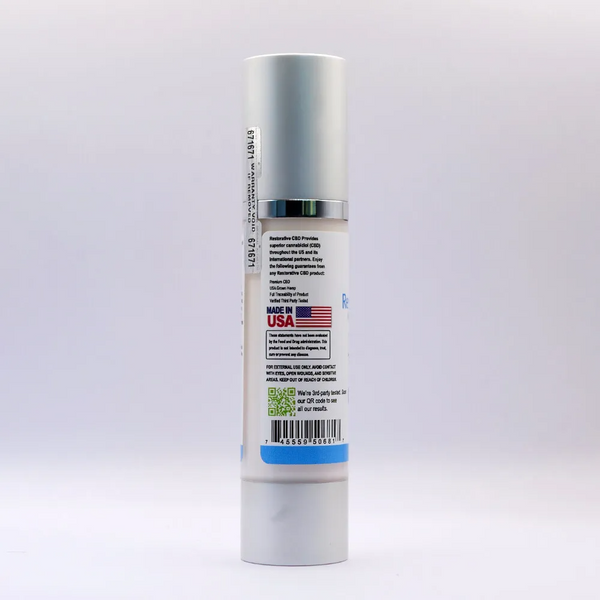 "Side view of Restorative CBD Gel showcasing Made in USA badge and QR code to lab results