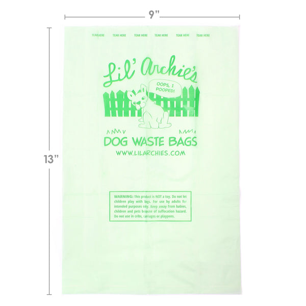 Chart showing the size of Lil Archies eco-friendly compostable dog waste bags