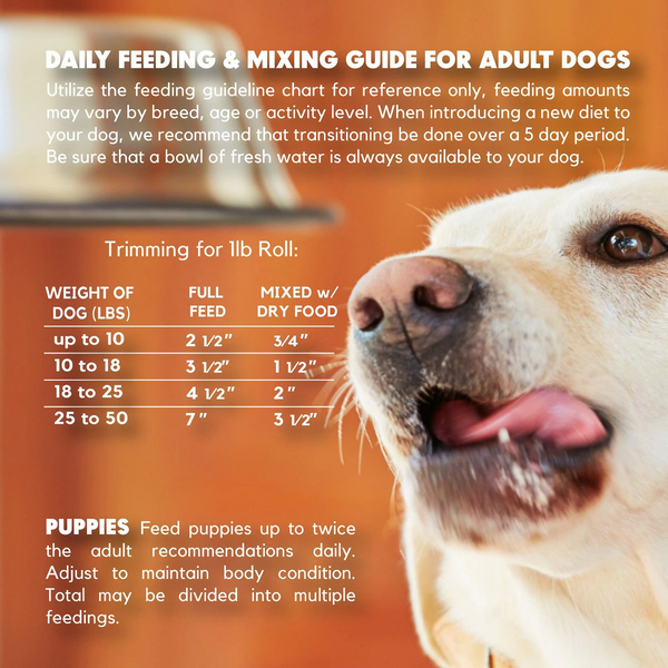 Lucy Pet Beef Formula Dog Food Roll Meal Topper For Dogs Feeding & Mixing Guide for Adult Dogs