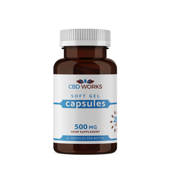 Bottle of CBD Works soft gel capsules 